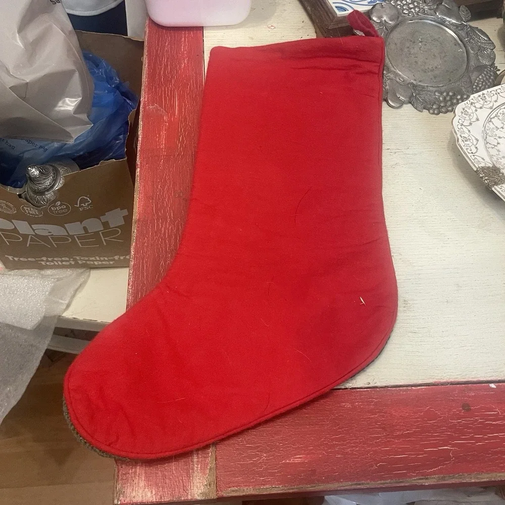 Vintage Needlepoint Christmas Stocking Red Flannel Backing